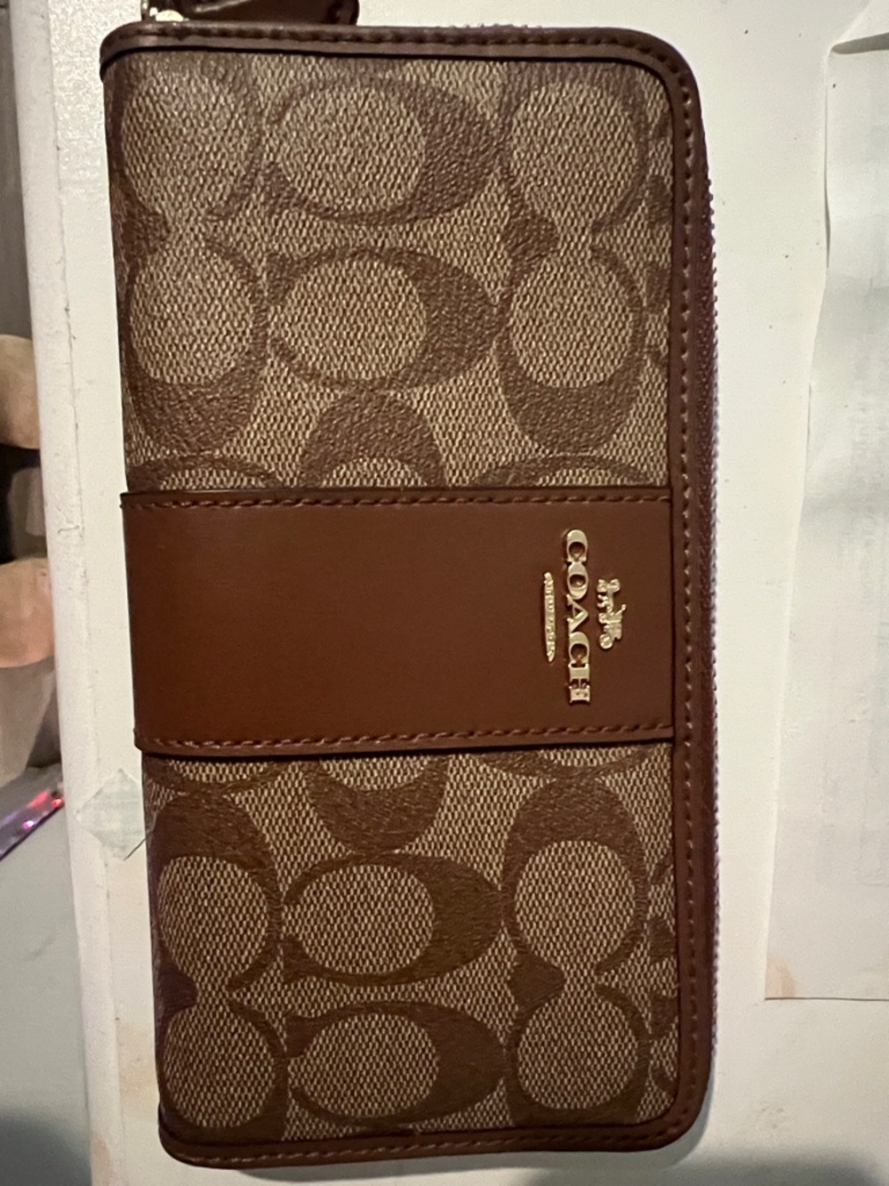 Coach Brown Signature Canvas Zip Wallet with Gold Logo